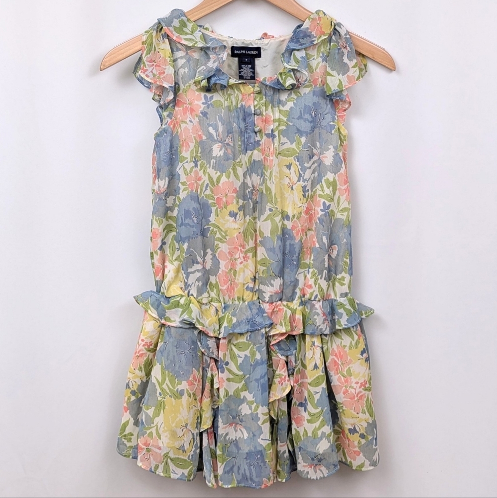 Ralph Lauren Chiffon Dress Watercolor Floral Ruffle Flutter Sleeve Cottagecore 7